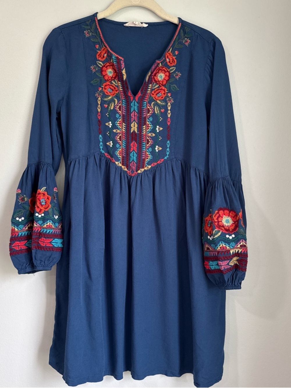 Solitaire Navy Embroidered Long Sleeve Tunic Dress with Red Floral Detail